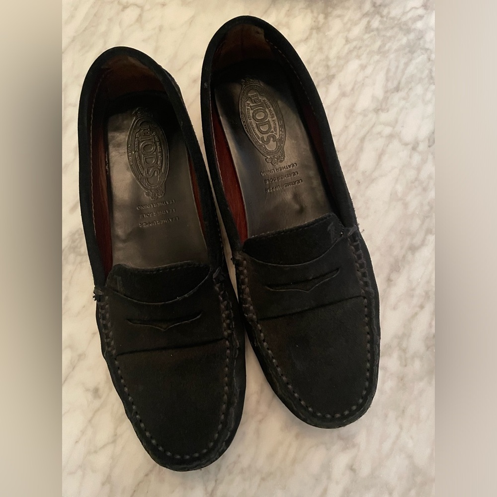Tod's Womens Driving Luxury Italian Black Suede Leather Penny Loafers | 38.5